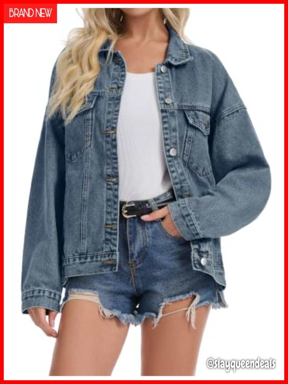 Oversized Button Down Denim Jacket Trucker Collared Casual